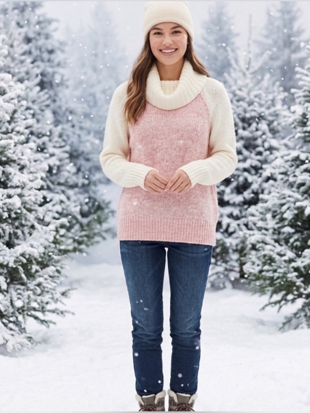 ModCloth Cozy Pink and Cream Women's Sweater, Size Large, Cowl Neck, Wool Blend